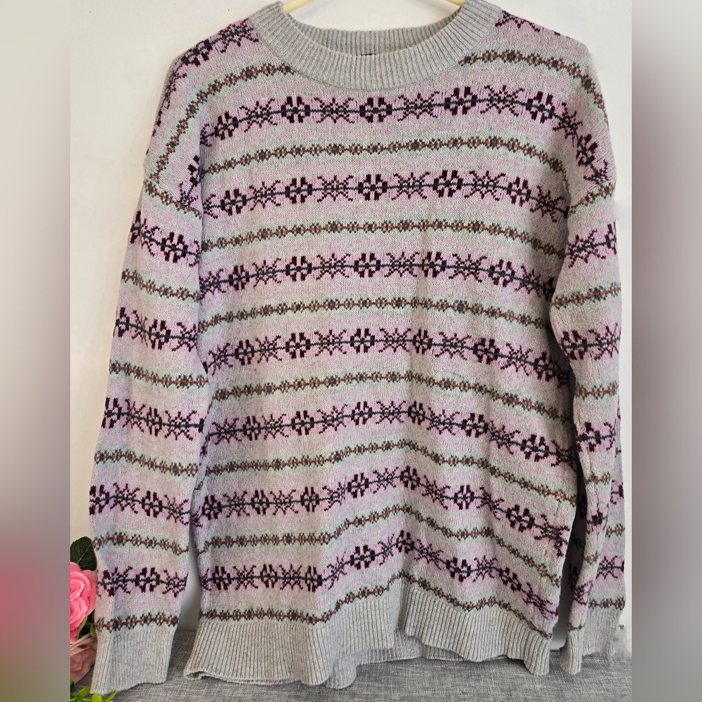 Ralph Lauren Women Sweater Fair Isle Purple Gray Cotton Wool Size M